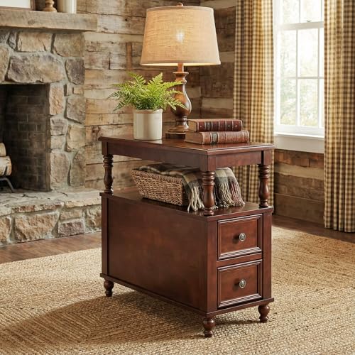 Mid-Century Wood End Table with 2 Drawers and Storage Shelf