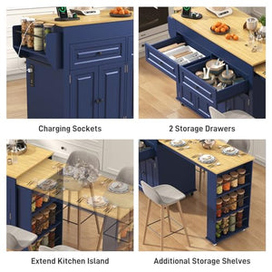 80"-48" Extendable Kitchen Island with Extended Dining Table and Power Outlet,Large Mobile Kitchen Storage Islands with 2 Storage Drawers,Rolling Islands Cart with 3 Extra Rows Open Shelves(Blue)