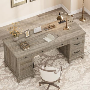 60-Inch Farmhouse Executive Desk with File Drawers & Charging Station