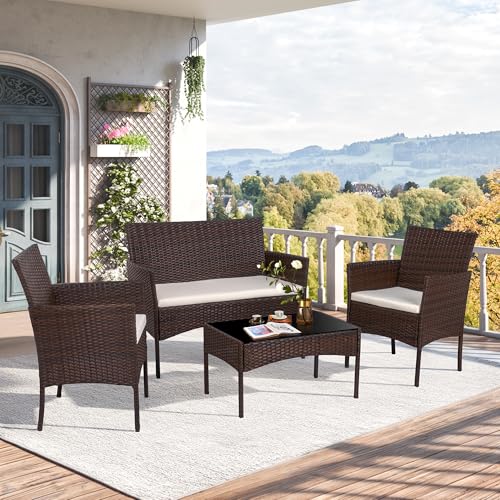 4-Piece Outdoor Wicker Patio Conversation Set with Loveseat & Coffee Table