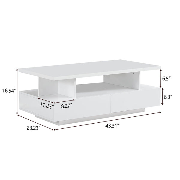 LED Coffee Table with 4 Drawers & Open Shelf – White