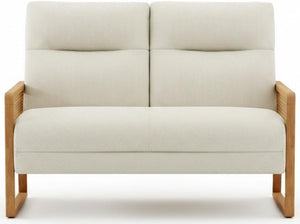 Linen Loveseat with Natural Rattan Arms & Oak Legs