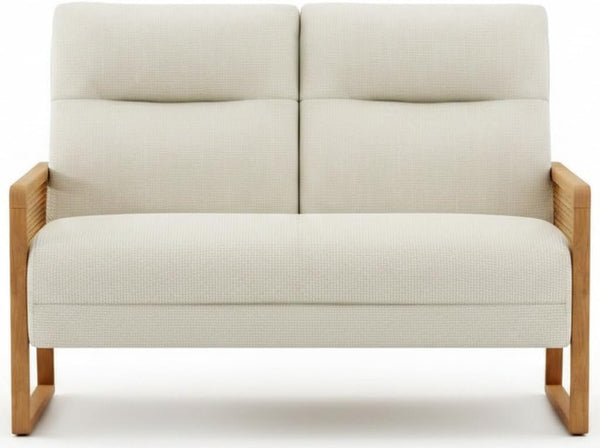 Linen Loveseat with Natural Rattan Arms & Oak Legs