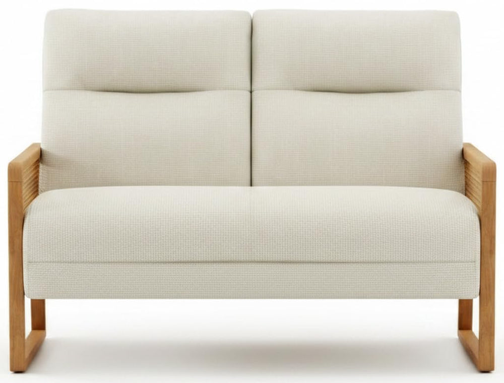 Linen Loveseat with Natural Rattan Arms & Oak Legs
