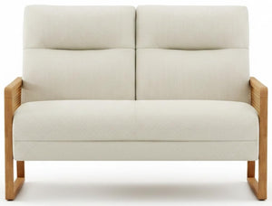 Linen Loveseat with Natural Rattan Arms & Oak Legs