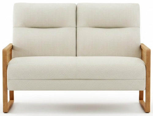 Linen Loveseat with Natural Rattan Arms & Oak Legs