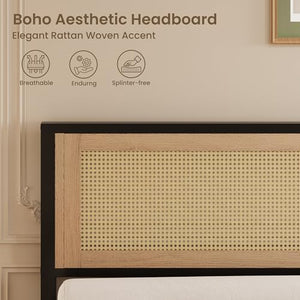 Boho Platform Bed Frame with Rattan Headboard & Underbed Storage