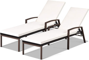 PE Rattan Chaise Lounge Chair Set of 2 with Adjustable Backrest & Cushions