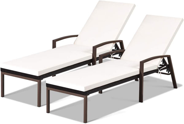 PE Rattan Chaise Lounge Chair Set of 2 with Adjustable Backrest & Cushions