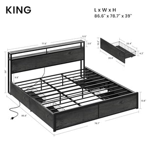 King Size Storage Bed Frame with Charging Headboard