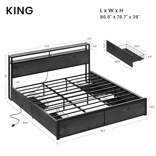 King Size Storage Bed Frame with Charging Headboard