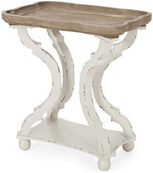 French Country Accent End Table – Hourglass Base, Distressed White & Natural