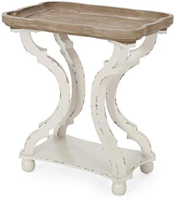 French Country Accent End Table – Hourglass Base, Distressed White & Natural