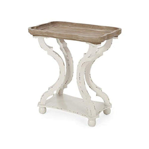 French Country Accent End Table – Hourglass Base, Distressed White & Natural
