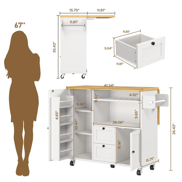 Rolling Kitchen Island with Storage, Drop-Leaf Countertop & Towel Rack