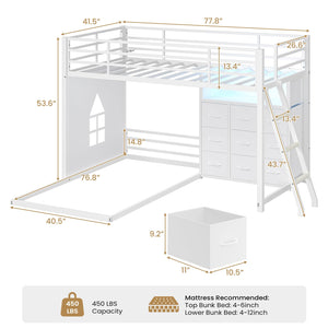 Twin Over Twin L-Shaped Low Bunk Bed with 9 Storage Drawers and LED Lights