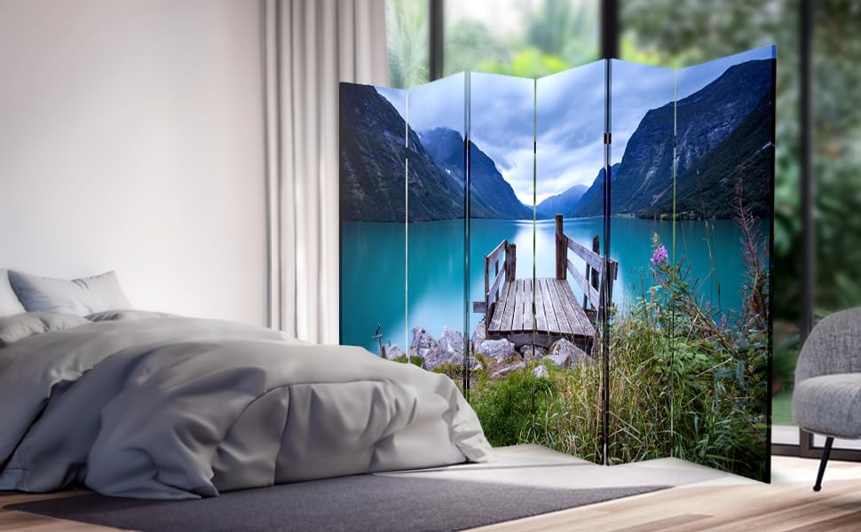 6-Panel Foldable Canvas Room Divider with Wood Frame