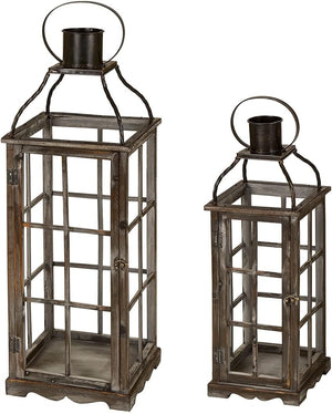 Farmhouse Wooden Candle Lanterns Set of 2 – Indoor & Outdoor Decorative Floor Lanterns