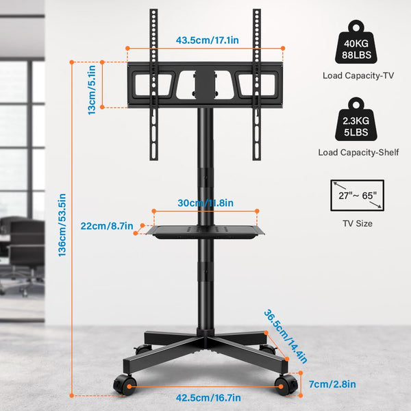 Rolling TV Stand with Height Adjustable Shelf for 23–65 Inch TVs