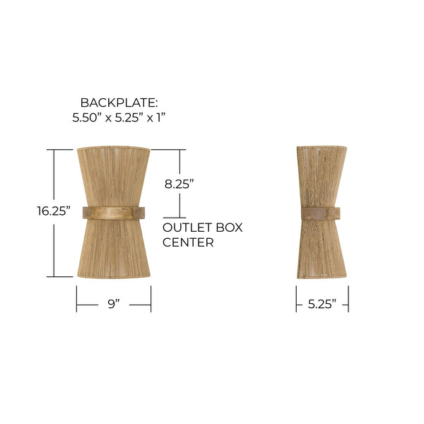 2-Light Mango Wood & Jute Rope Wall Sconce – Matte Brass