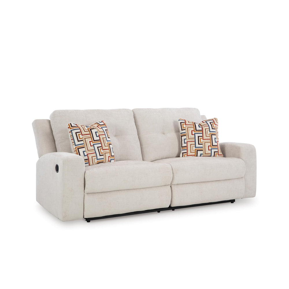 Beige Tufted Manual Reclining Sofa with Accent Pillows