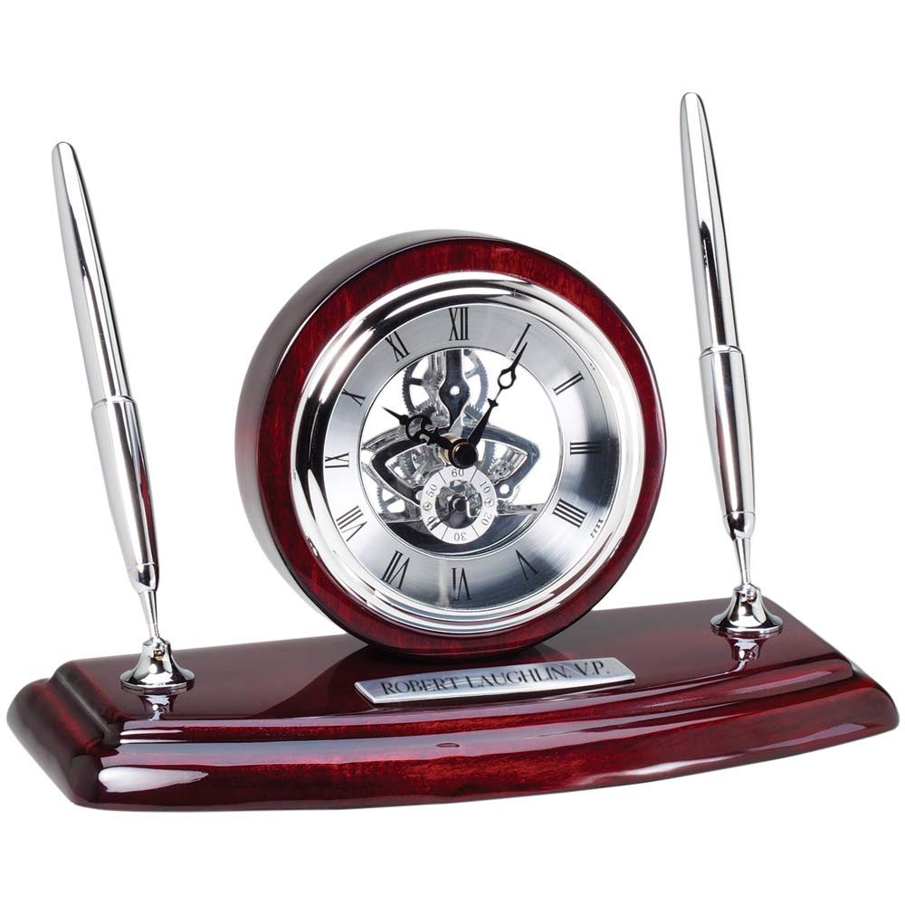 Rosewood Skeleton Desk Clock with Pen Set