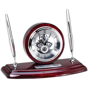 Rosewood Skeleton Desk Clock with Pen Set