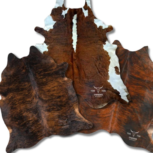 Premium Cowhide Rug Combo Set of 3 – 6x6 ft | Dark Brindle, Tricolor & Reddish