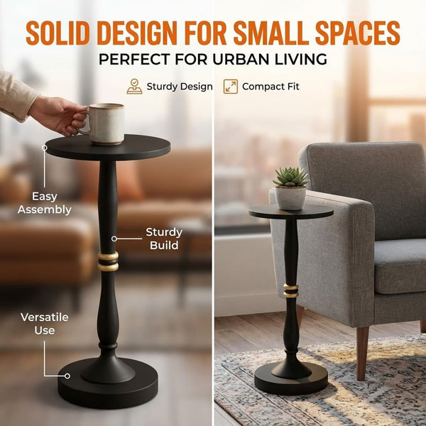 Round Solid Wood Black Side Table – 24" Tall Narrow Accent End Table