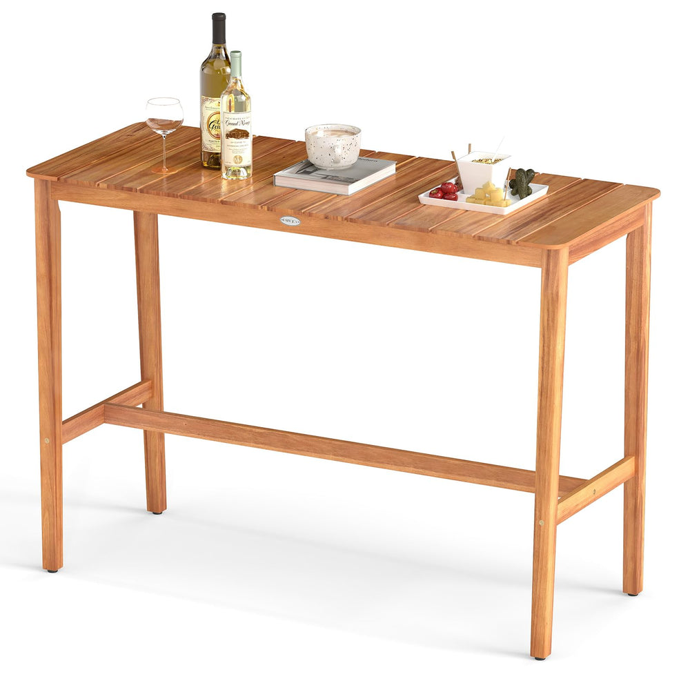 Acacia Wood Outdoor Bar Table with Slatted Top & Adjustable Feet