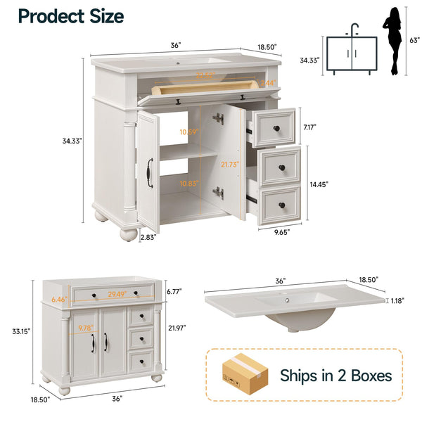 36" Farmhouse Bathroom Vanity with Integrated Ceramic Sink & Soft-Close Storage