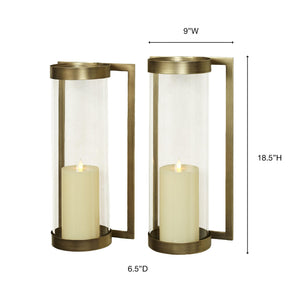 Satin Brass Metal Wall Sconce Pair with Glass Hurricane Candleholders