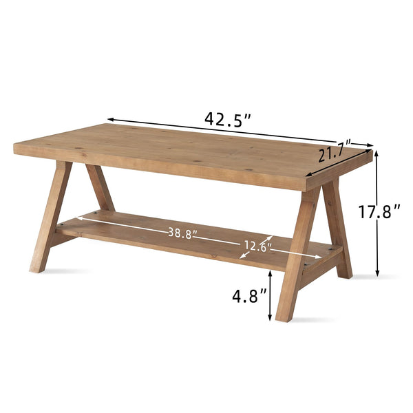 Rustic Farmhouse Coffee Table with 2-Tier Storage Shelf
