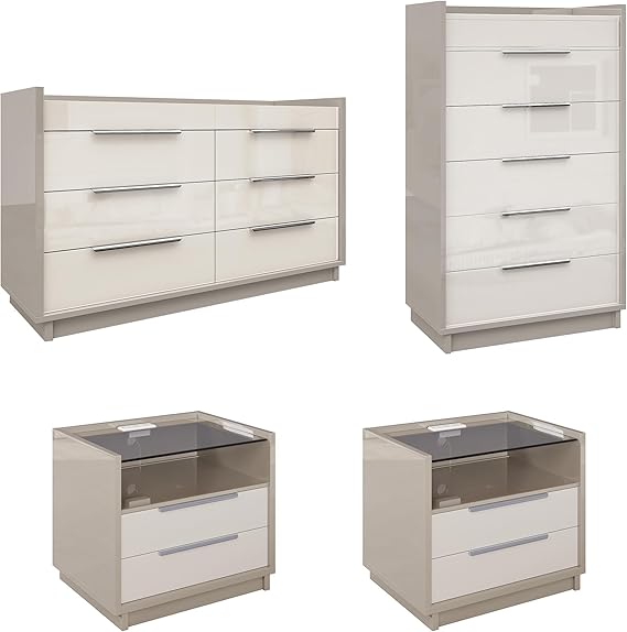 AMERLIFE 4 Piece Bedroom Furniture Set, 2 Nightstands with Charging Station, 8 Drawer Dresser with LED Light & 5 Drawer Chest, Modern High Gloss UV Finish, Bedroom Storage Organizer, Cream & Grey