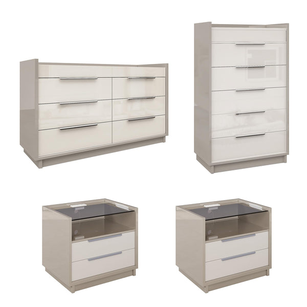 AMERLIFE 4 Piece Bedroom Furniture Set, 2 Nightstands with Charging Station, 8 Drawer Dresser with LED Light & 5 Drawer Chest, Modern High Gloss UV Finish, Bedroom Storage Organizer, Cream & Grey