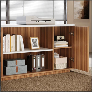 L-Shaped Executive Office Desk with File Drawers & Storage Cabinet
