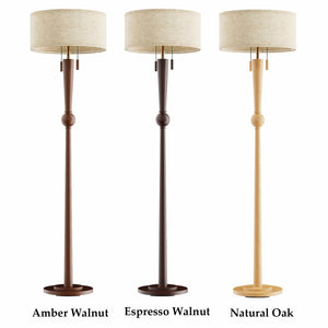 62.8" Wood Floor Lamp with 2-Light Pull Chain & Linen Drum Shade
