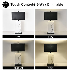 24" Black Touch Table Lamp Set of 2 with USB Ports & 3-Way Dimmable