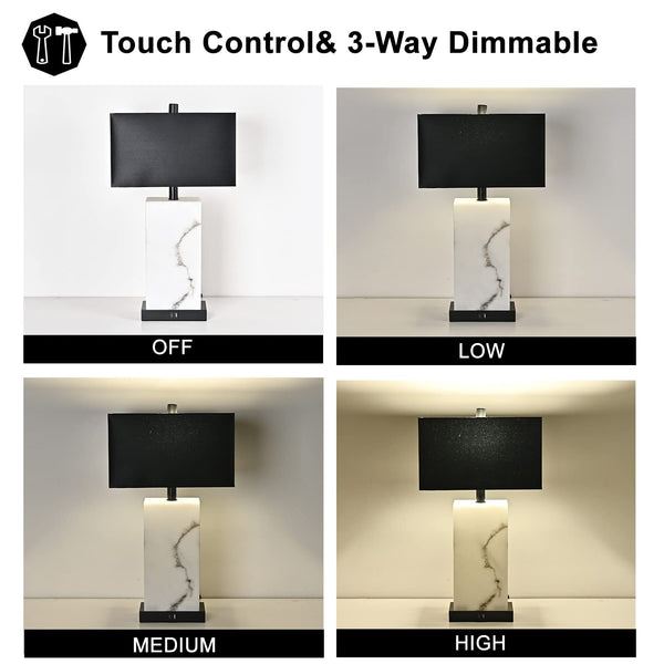 24" Black Touch Table Lamp Set of 2 with USB Ports & 3-Way Dimmable