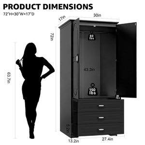 Wooden Wardrobe Closet with 3 Drawers, LED Light & Hanging Rod