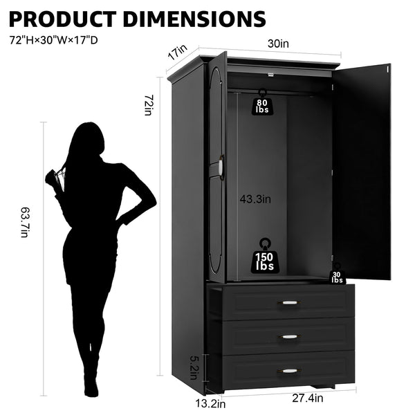 Wooden Wardrobe Closet with 3 Drawers, LED Light & Hanging Rod