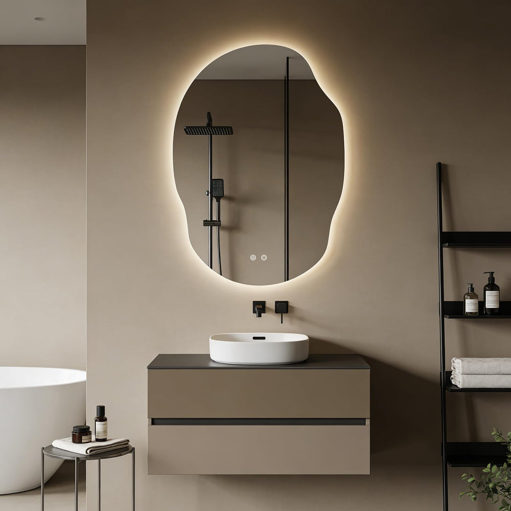 LED Backlit Bathroom Vanity Mirror – Irregular Asymmetrical Design, Anti-Fog, Dimmable 3-Color Lighting