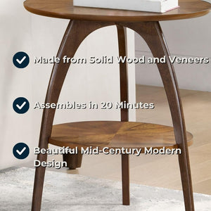 Round Wood End Table – Mid-Century Modern Side Table with Lower Shelf
