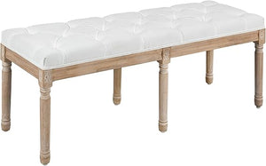French Vintage Upholstered Bench – Button Tufted, Cream White
