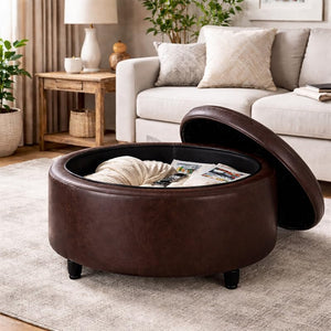 Round Storage Ottoman with Lift-Off Lid – 28 Inch