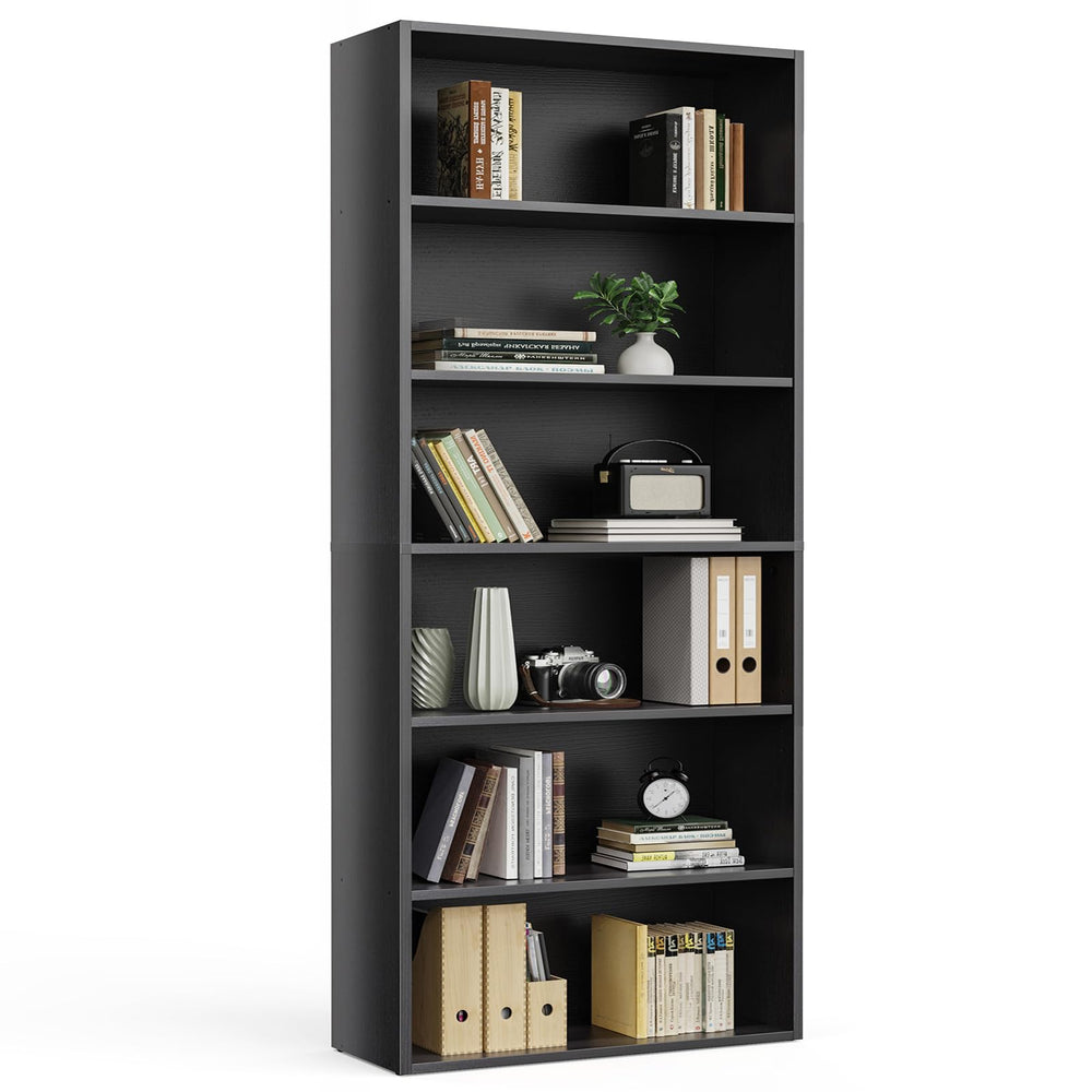 6-Tier Wood Bookcase - 63 Inch Tall Floor Standing Open Bookshelf, Black