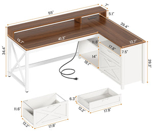 L-Shaped Desk with Drawers, LED Lights & Power Outlet
