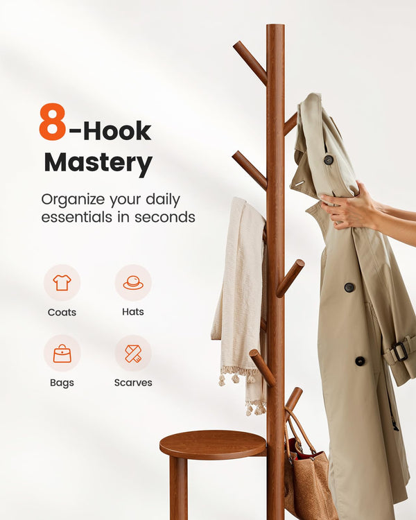Freestanding Hall Tree Coat Rack with 8 Hooks & Storage Shelf