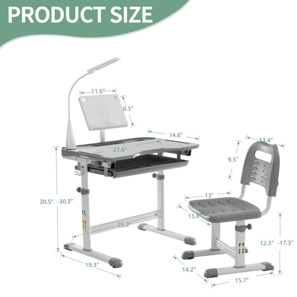 Kids Ergonomic Desk & Chair Set – Tilt Desktop, LED Light, Book Stand & Storage Drawer