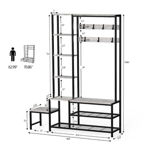 5-in-1 Hall Tree with Shoe Bench, Coat Rack & 4-Tier Shelves, Industrial
